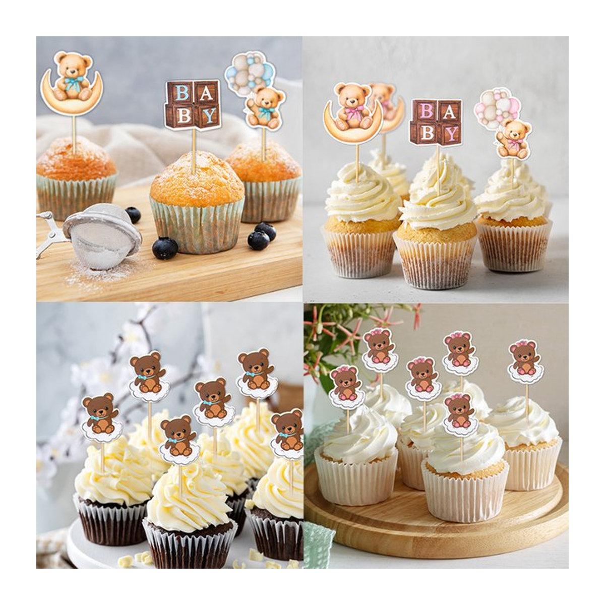 WEIGAO 12er Set Cupcake Picks mit Bär-Motiv aus Papier in Rosa und Blau für Kindergeburtstage und Babypartys - Bild 1