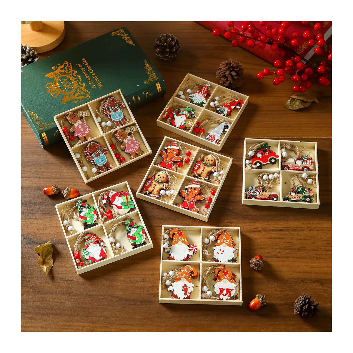 WEIGAO 12er Set Weihnachts-Hängeornamente aus Holz mit Lebkuchenmann und Weihnachtsmann Motiven, mehrfarbig und rustikal - Bild 2