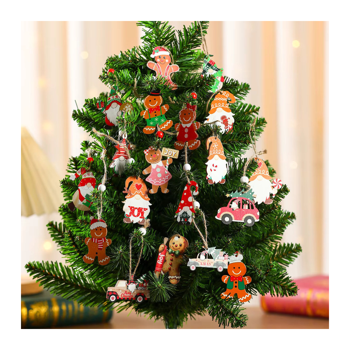 WEIGAO 12er Set Weihnachts-Hängeornamente aus Holz mit Lebkuchenmann und Weihnachtsmann Motiven, mehrfarbig und rustikal - Bild 3