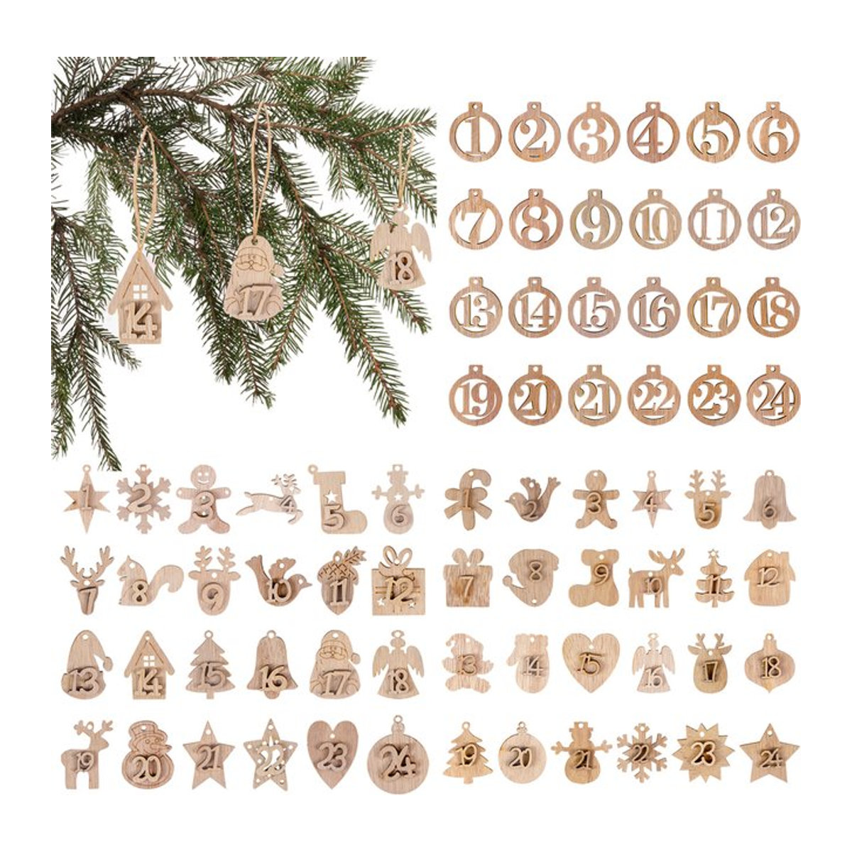 WEIGAO Adventskalender Holz Anhänger mit Zahlen 1-24 für DIY Weihnachtsornamente in Braun und Beige im skandinavischen Design - Bild 1