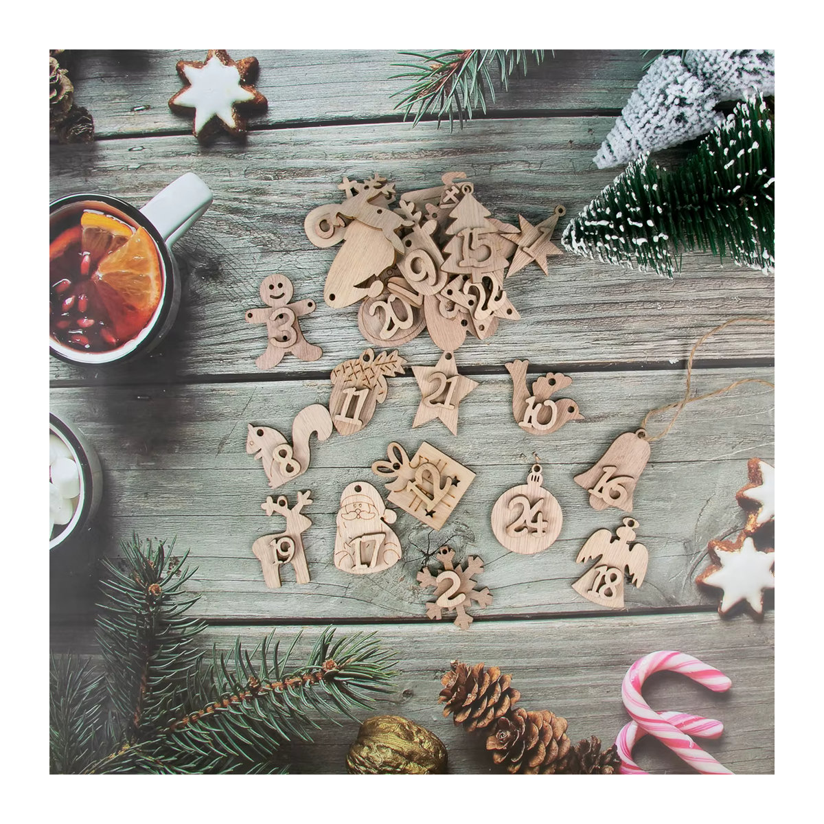 WEIGAO Adventskalender Holz Anhänger mit Zahlen 1-24 für DIY Weihnachtsornamente in Braun und Beige im skandinavischen Design - Bild 2