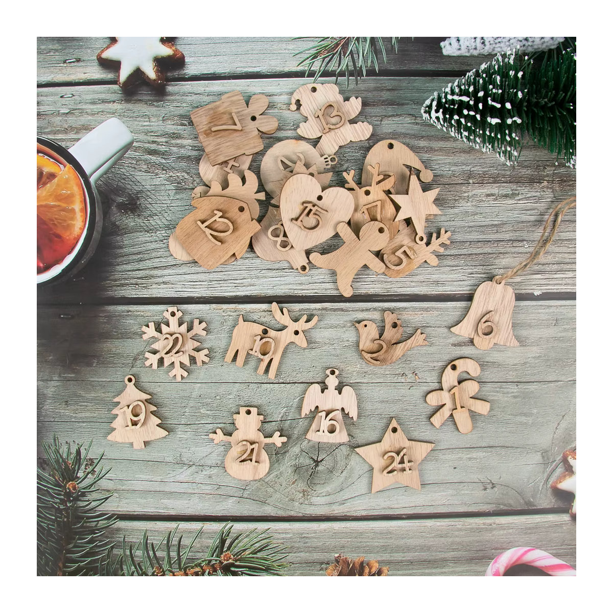 WEIGAO Adventskalender Holz Anhänger mit Zahlen 1-24 für DIY Weihnachtsornamente in Braun und Beige im skandinavischen Design - Bild 3