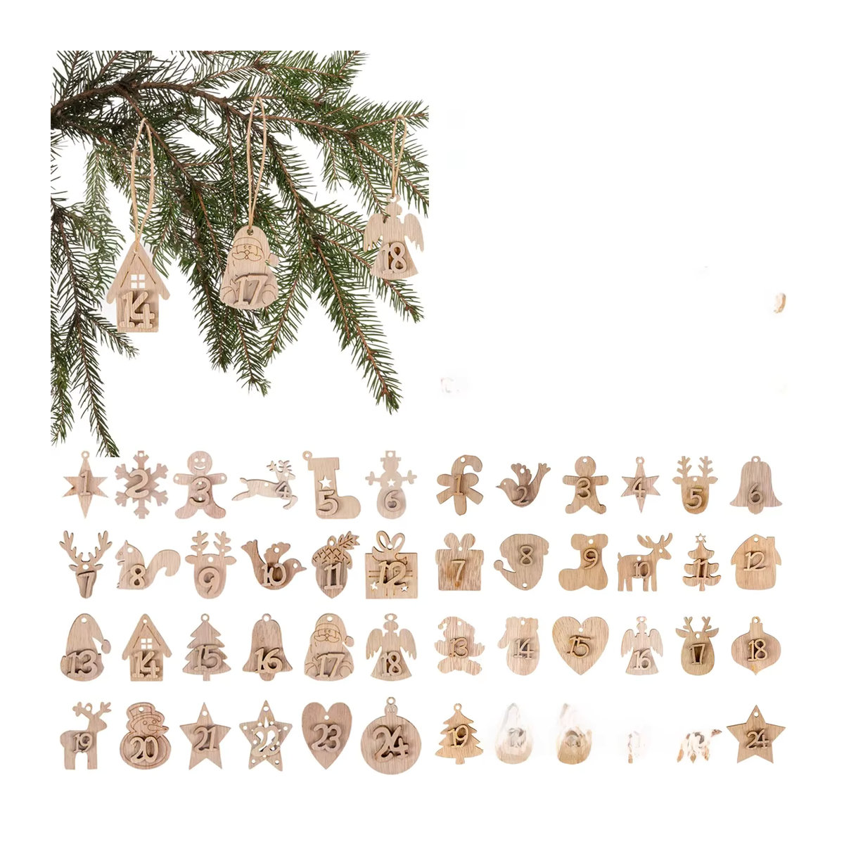 WEIGAO Adventskalender Holz Anhänger mit Zahlen 1-24 für DIY Weihnachtsornamente in Braun und Beige im skandinavischen Design - Bild 7