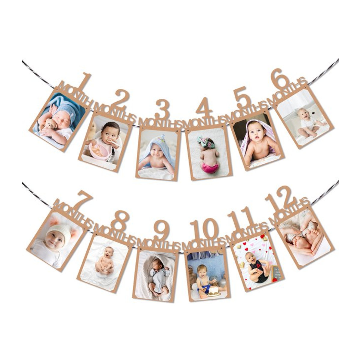 WEIGAO Fotogirlande für den ersten Geburtstag deines Babys in Beige mit Holz-Clips und Schnur zur Dekoration der 12 Monate als Fotodisplay - Bild 1