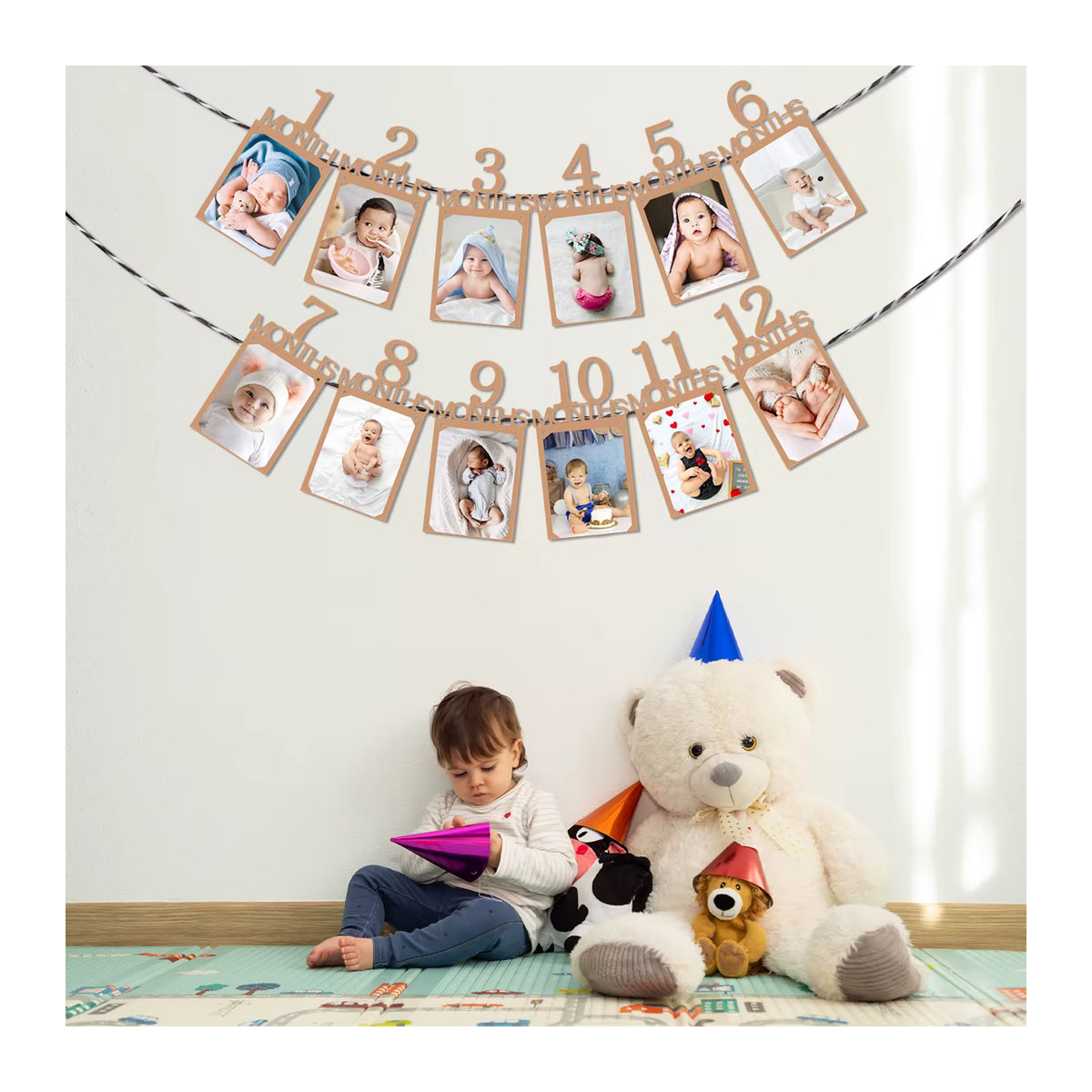 WEIGAO Fotogirlande für den ersten Geburtstag deines Babys in Beige mit Holz-Clips und Schnur zur Dekoration der 12 Monate als Fotodisplay - Bild 3