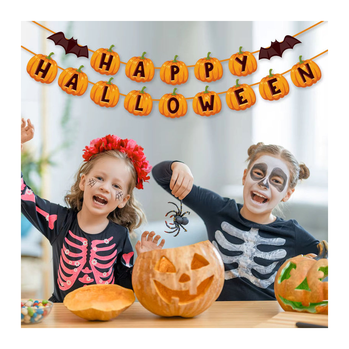 WEIGAO Halloween Papier Banner Dekoration mit Kürbis, Fledermaus und Hexen in Orange für deine Party - Bild 1