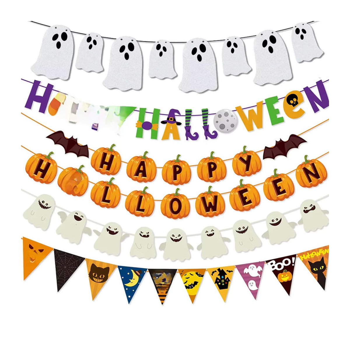 WEIGAO Halloween Papier Banner Dekoration mit Kürbis, Fledermaus und Hexen in Orange für deine Party - Bild 3