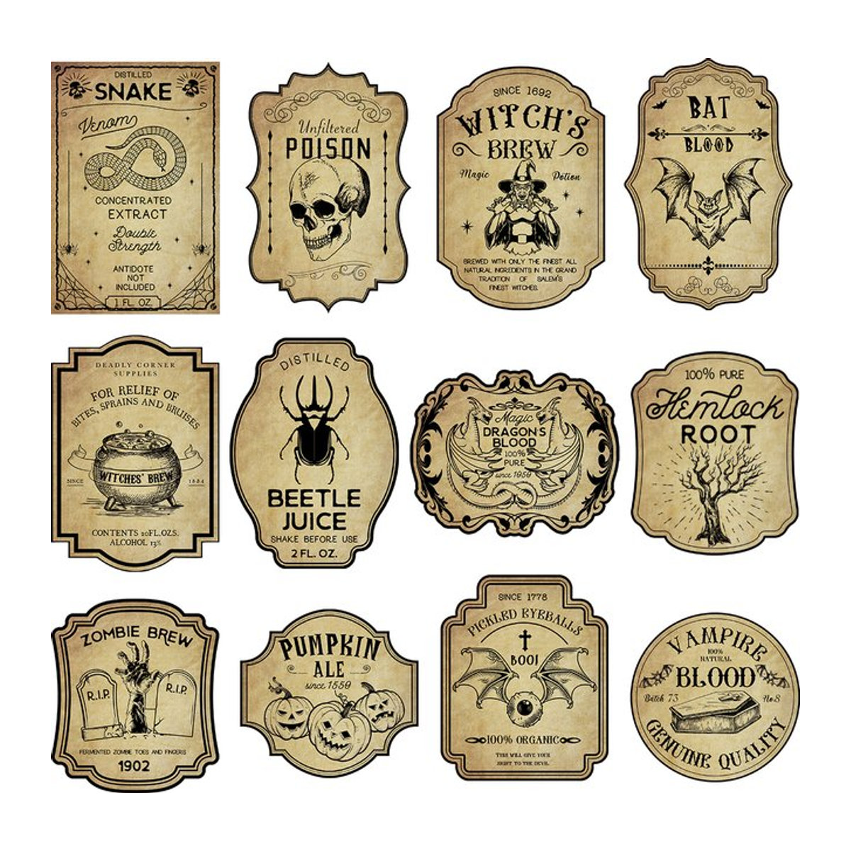WEIGAO Halloween Trank-Wein-Etikettenaufkleber in Beige, 24 Stück Vintage Gothic Etiketten aus Papier für gruselige Flaschen und Party-Dekoration - Bild 1