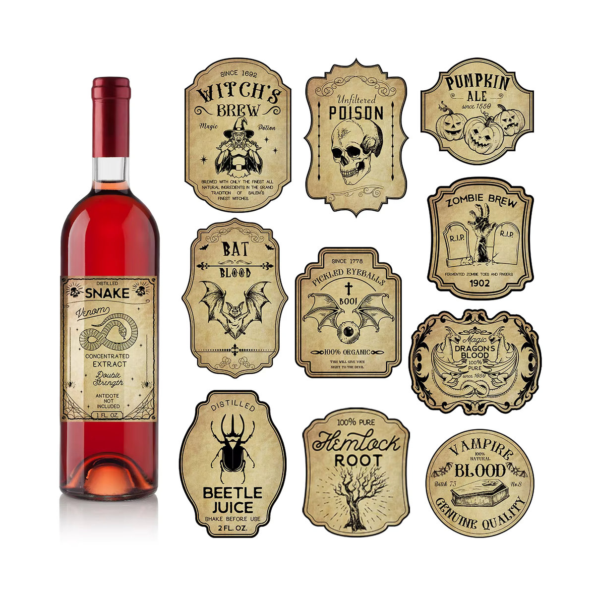 WEIGAO Halloween Trank-Wein-Etikettenaufkleber in Beige, 24 Stück Vintage Gothic Etiketten aus Papier für gruselige Flaschen und Party-Dekoration - Bild 2