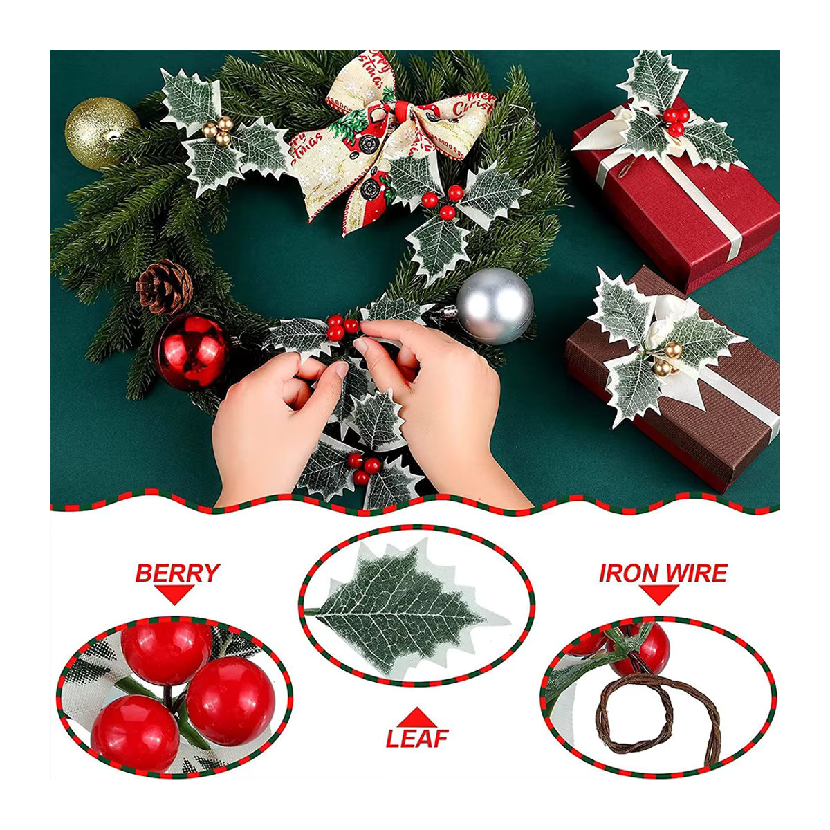 WEIGAO Künstliche Stechpalmenbeeren mit grünen Blättern in Rot und Grün für Weihnachtsdekoration und Kranz-Arrangements - Bild 3