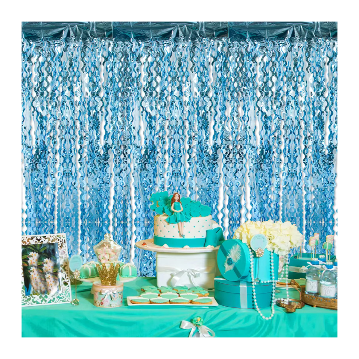 WEIGAO Lametta-Folien-Fransenvorhang in Blau für Babyparty und Geburtstag als glitzernde Hintergrundwand - Bild 2