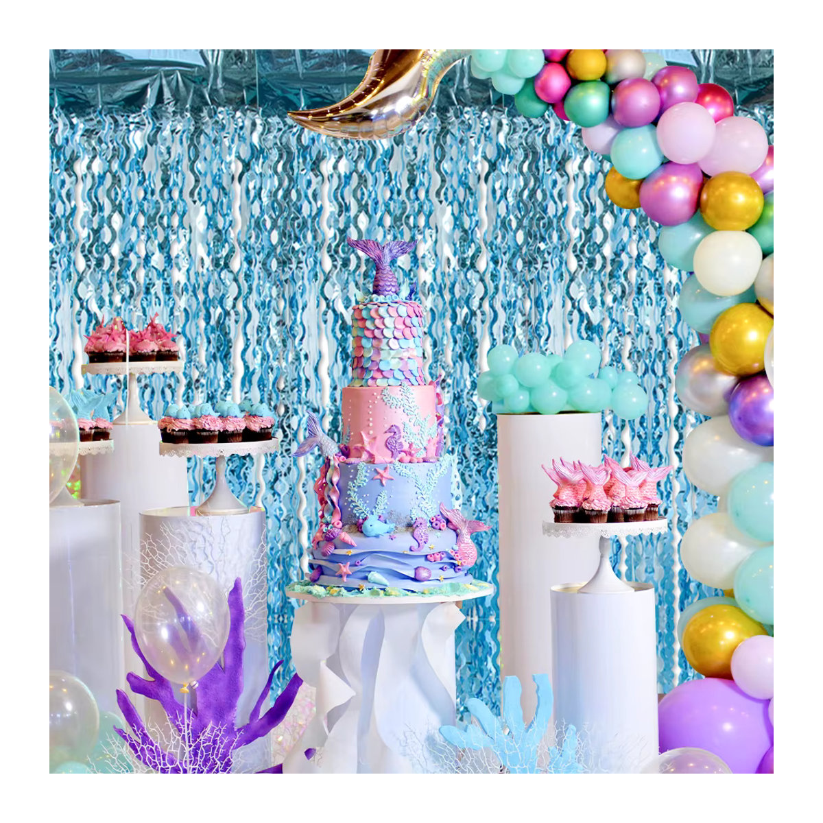 WEIGAO Lametta-Folien-Fransenvorhang in Blau für Babyparty und Geburtstag als glitzernde Hintergrundwand - Bild 4