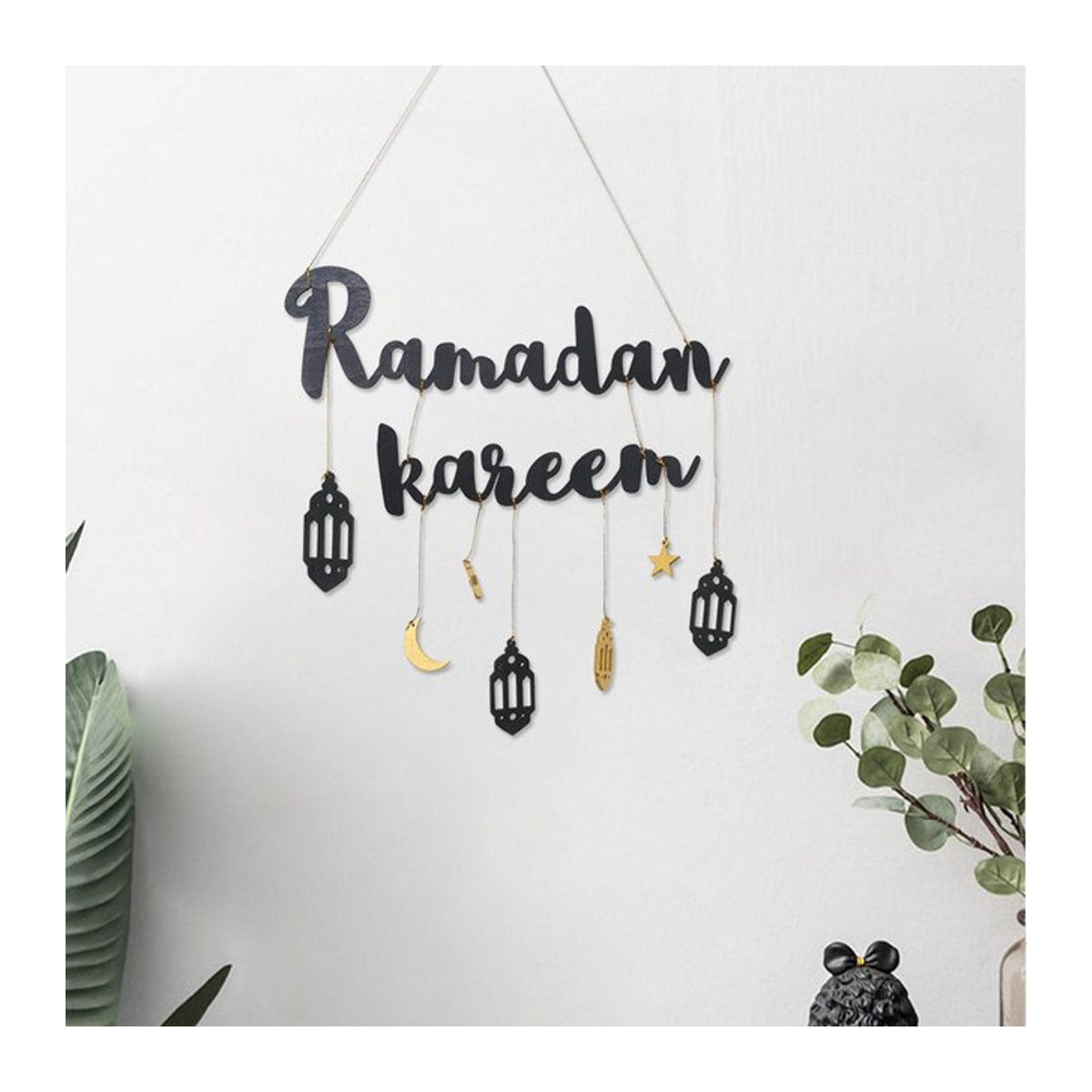 WEIGAO Ramadan Dekoration Sterne und Mond Laterne aus Holz in Schwarz als hängender Anhänger für Eid Mubarak und Ramadan Eid Al-fitr - Bild 1