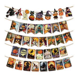 WEIGAO Vintage Halloween Girlande aus Papier mit Kürbis, Katze und Hexen Motiven, mehrfarbig hängendes Banner für deine Party