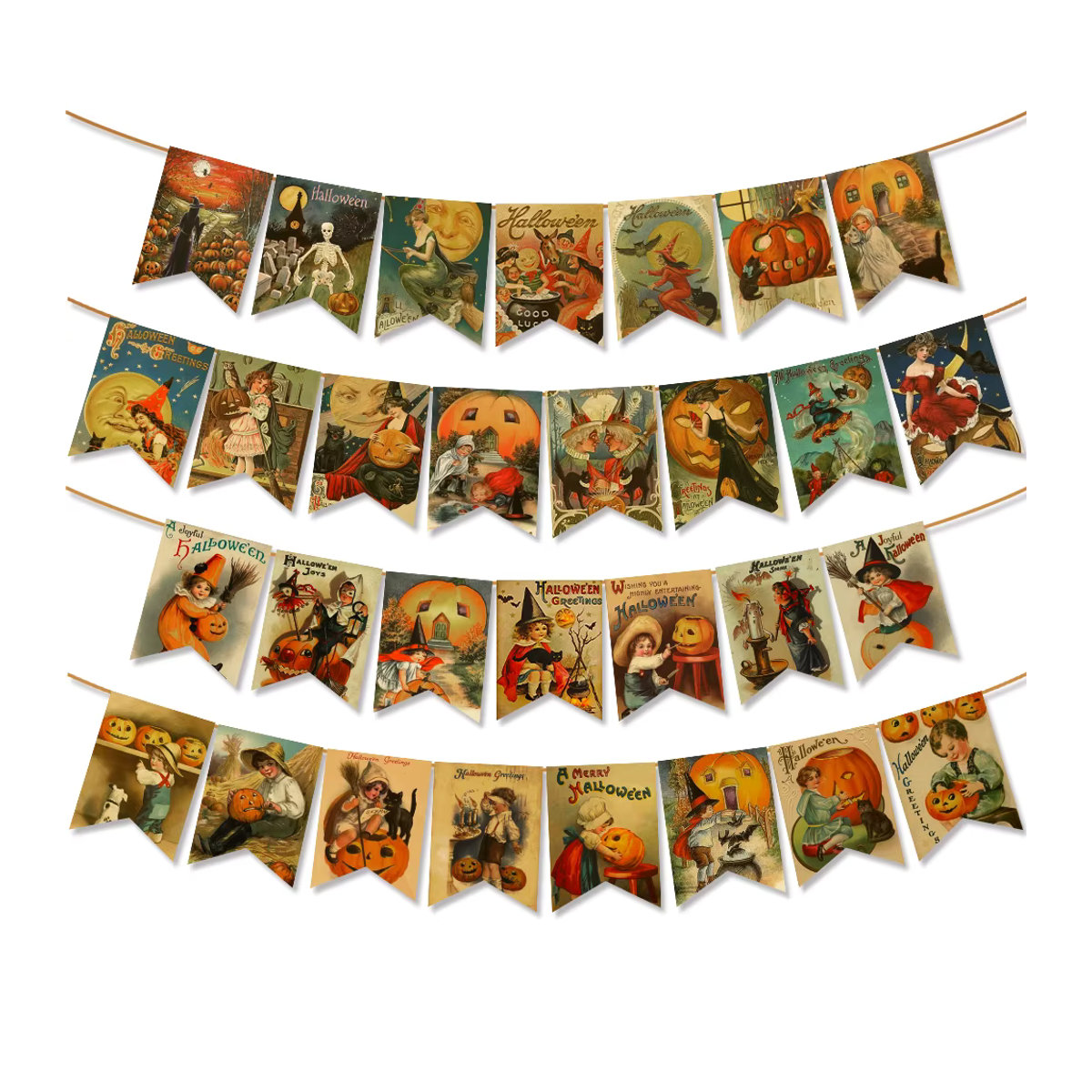 WEIGAO Vintage Halloween Girlande aus Papier mit Kürbis, Katze und Hexen Motiven, mehrfarbig hängendes Banner für deine Party - Bild 2