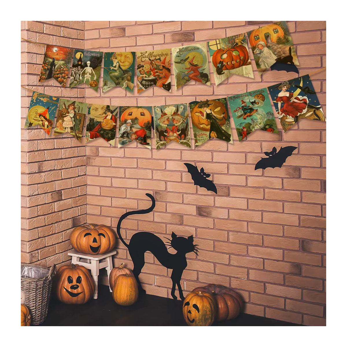 WEIGAO Vintage Halloween Girlande aus Papier mit Kürbis, Katze und Hexen Motiven, mehrfarbig hängendes Banner für deine Party - Bild 4