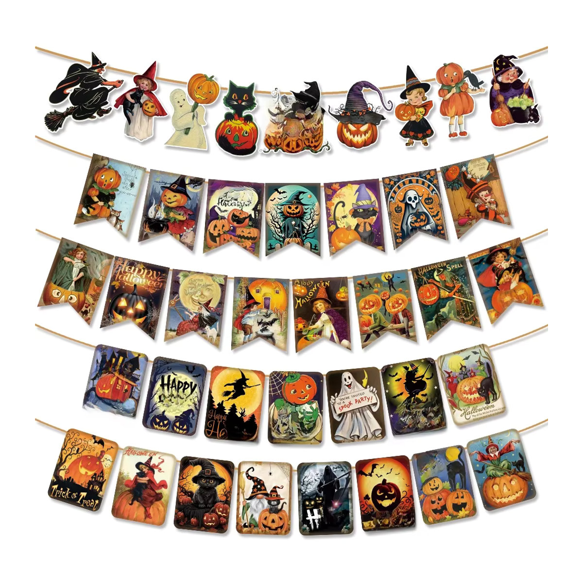 WEIGAO Vintage Halloween Girlande aus Papier mit Kürbis, Katze und Hexen Motiven, mehrfarbig hängendes Banner für deine Party - Bild 6