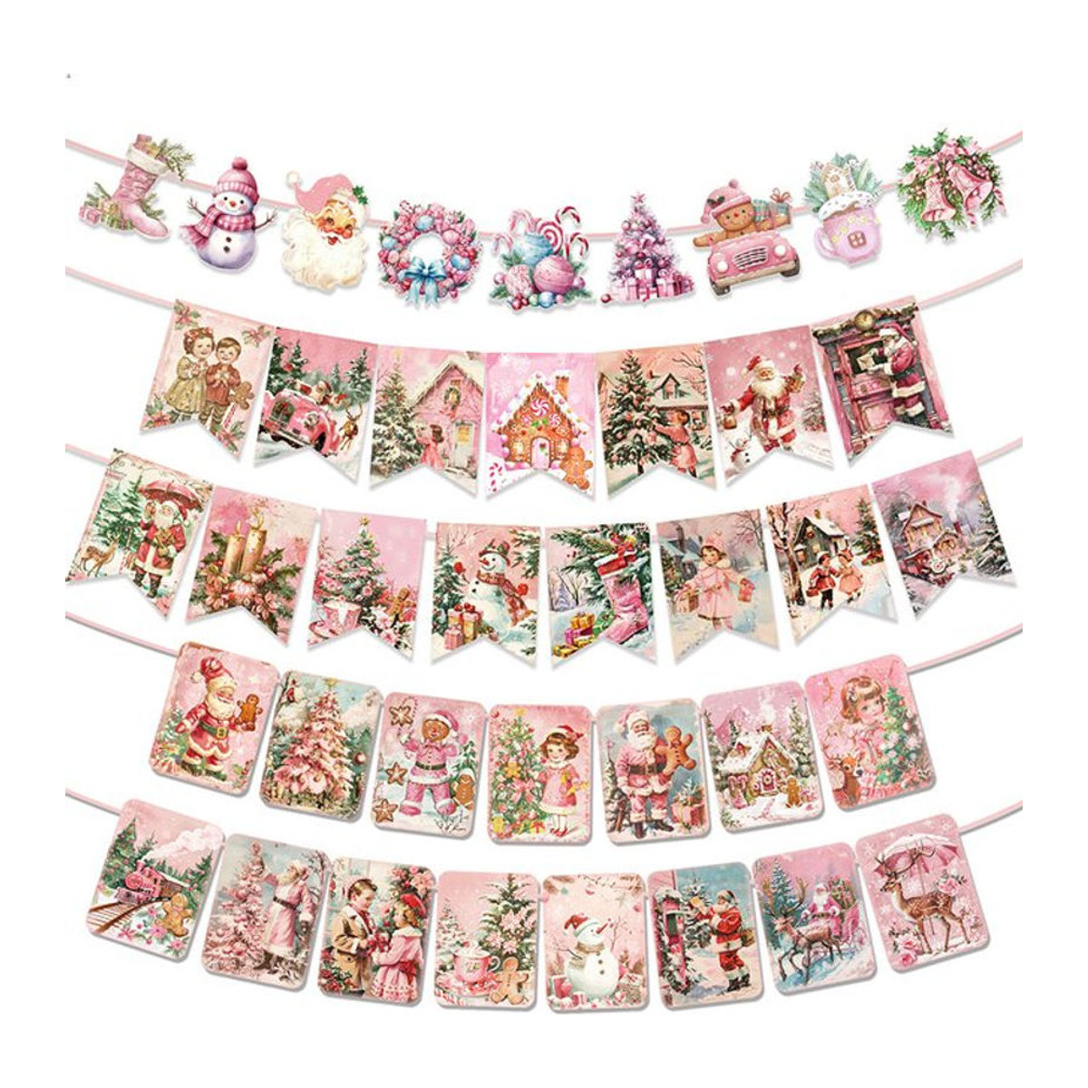 WEIGAO Vintage Weihnachtsbanner Rosa mit Weihnachtsmann und Schneemann als hängende Papier-Girlande zur Weihnachtsdekoration - Bild 1