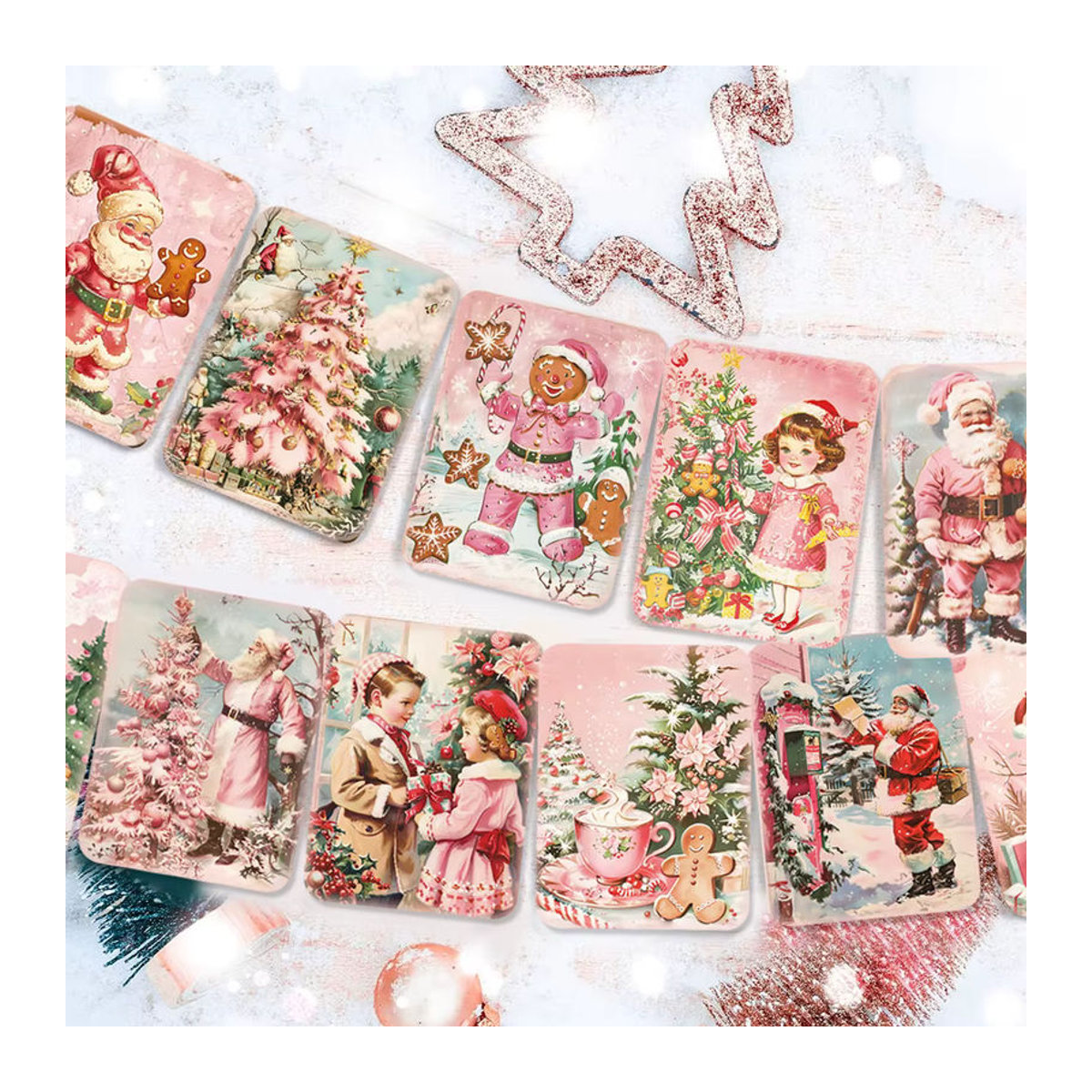 WEIGAO Vintage Weihnachtsbanner Rosa mit Weihnachtsmann und Schneemann als hängende Papier-Girlande zur Weihnachtsdekoration - Bild 2