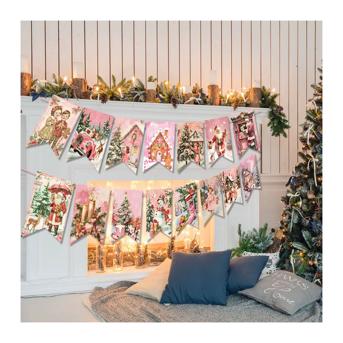 WEIGAO Vintage Weihnachtsbanner Rosa mit Weihnachtsmann und Schneemann als hängende Papier-Girlande zur Weihnachtsdekoration - Bild 3