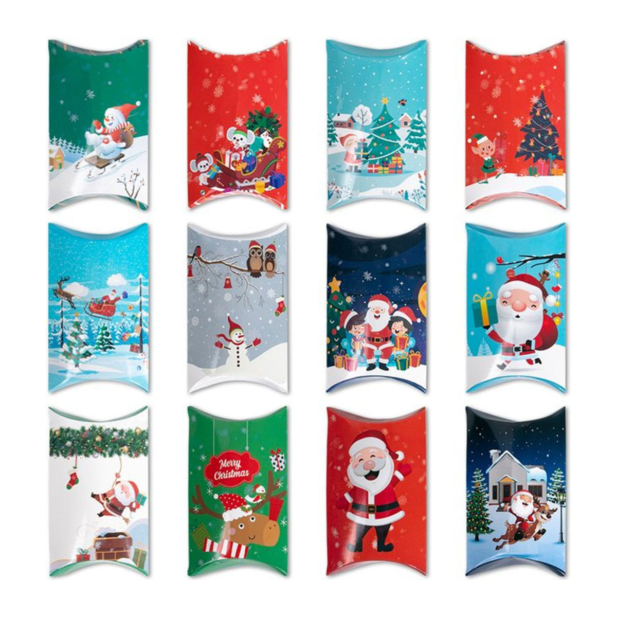 WEIGAO Weihnachtliche Geschenkboxen aus Papier in Kissenform mit Santa und Schneemann Motiven, mehrfarbig - Bild 1