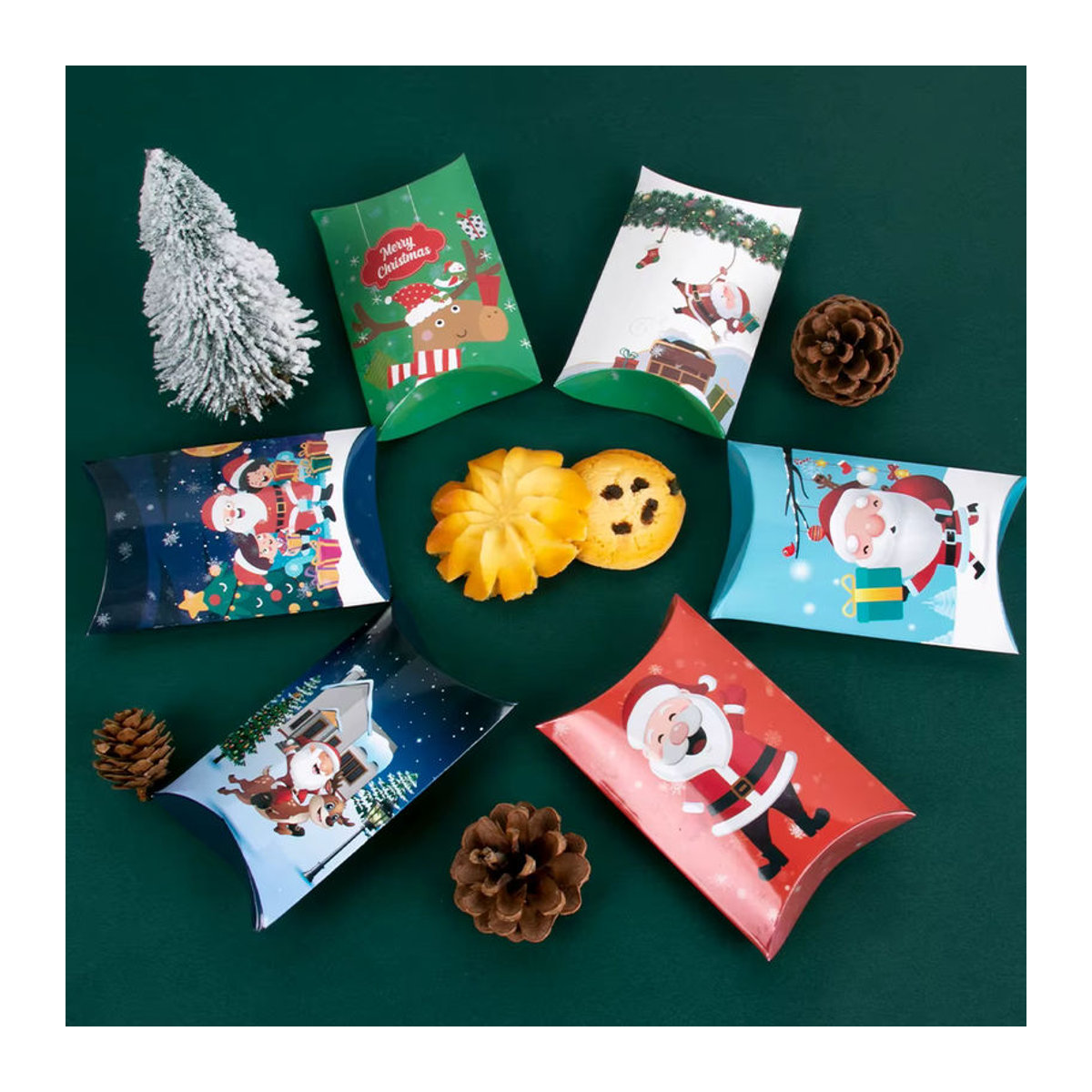 WEIGAO Weihnachtliche Geschenkboxen aus Papier in Kissenform mit Santa und Schneemann Motiven, mehrfarbig - Bild 2