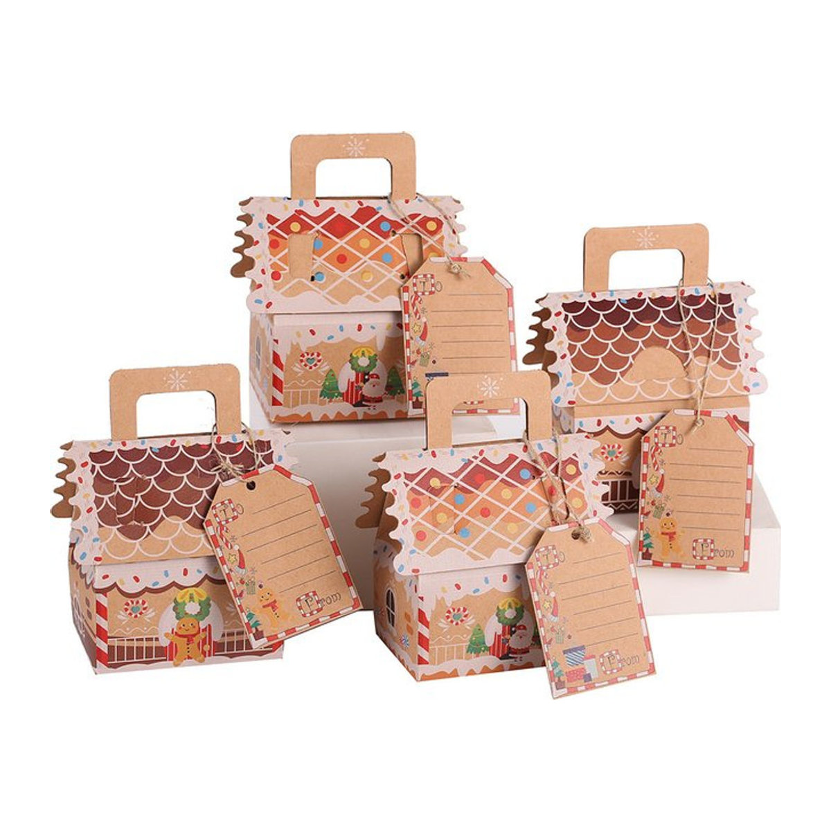 WEIGAO Weihnachts-Geschenkboxen aus Kraftpapier in Lebkuchenhausform, 4 Stück, Braun und Mehrfarbig - Bild 1