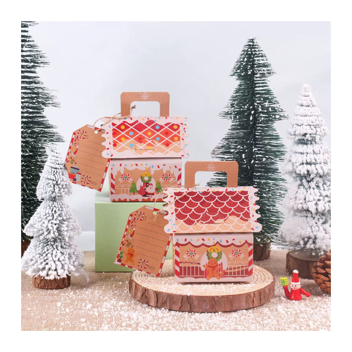 WEIGAO Weihnachts-Geschenkboxen aus Kraftpapier in Lebkuchenhausform, 4 Stück, Braun und Mehrfarbig - Bild 2