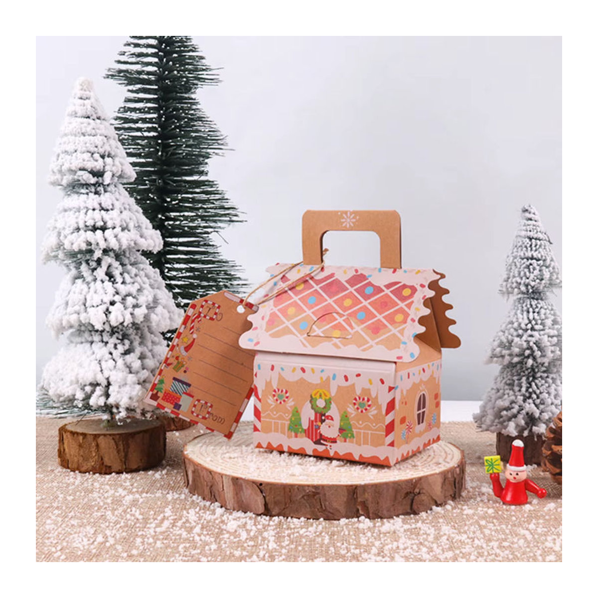 WEIGAO Weihnachts-Geschenkboxen aus Kraftpapier in Lebkuchenhausform, 4 Stück, Braun und Mehrfarbig - Bild 3