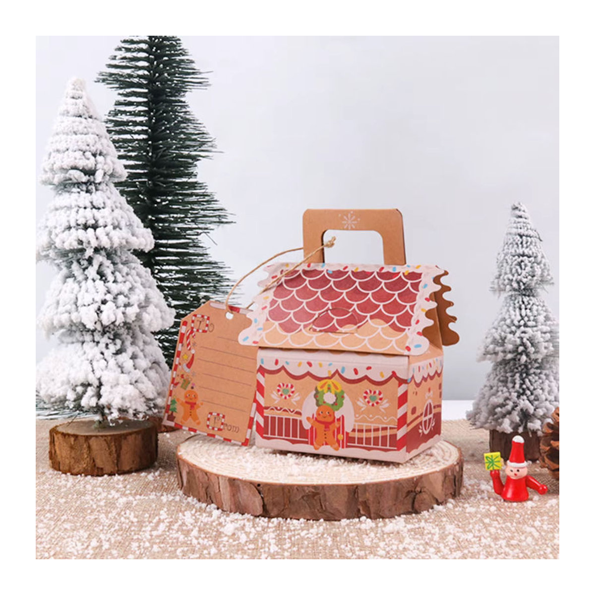 WEIGAO Weihnachts-Geschenkboxen aus Kraftpapier in Lebkuchenhausform, 4 Stück, Braun und Mehrfarbig - Bild 4