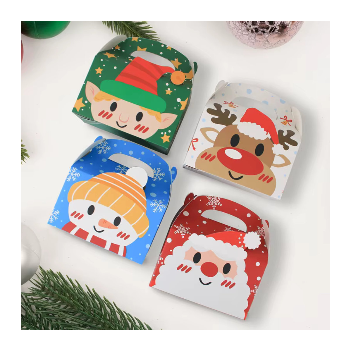 Weihnachten Geschenkboxen aus Kraftpapier mit Santa Claus, Schneemann und Rentier Motiven für Süßigkeiten und Kekse, mehrfarbig - Bild 2