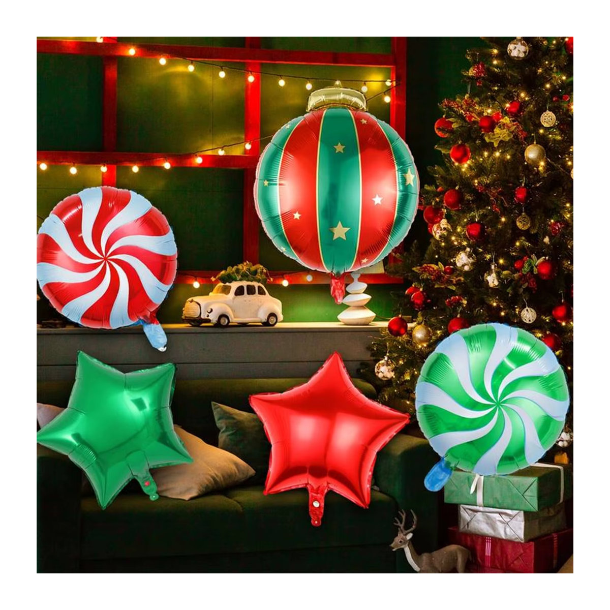 Weihnachten Hängende Kugeln Windmühle Set in Rot und Grün mit Pentagramm und Sternen aus Aluminiumfolie und Kunststoff - Bild 2