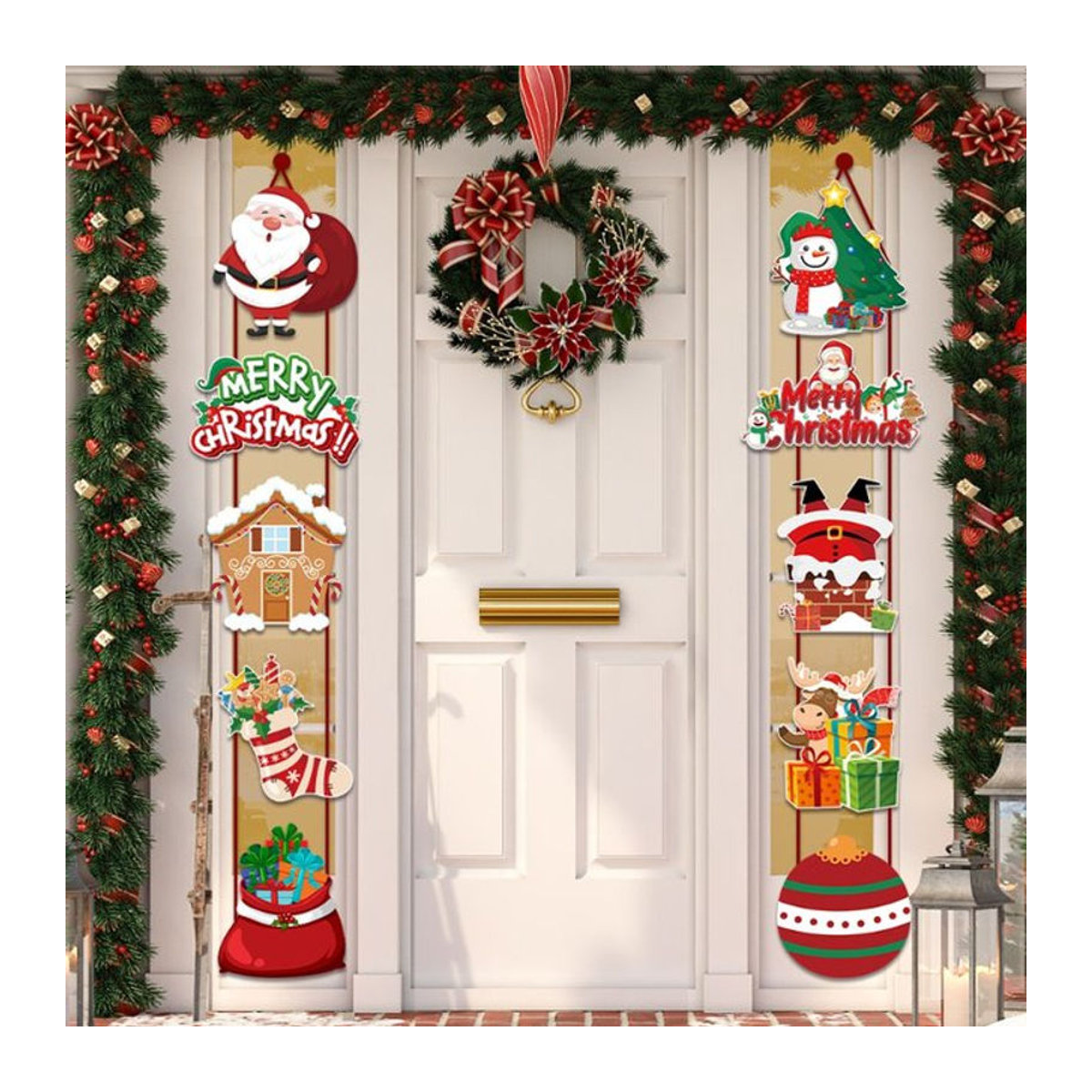 Weihnachtliches Türbanner mit Santa Claus, Schneemann und Elf als hängende Dekoration für Haus und Hof, mehrfarbig - Bild 1