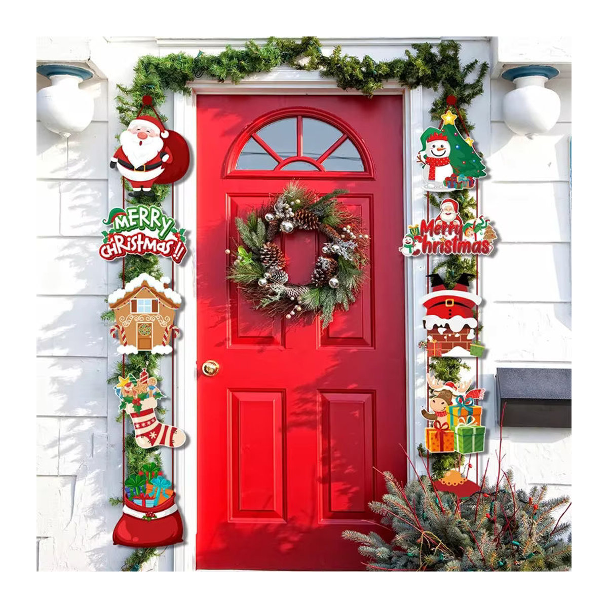 Weihnachtliches Türbanner mit Santa Claus, Schneemann und Elf als hängende Dekoration für Haus und Hof, mehrfarbig - Bild 3