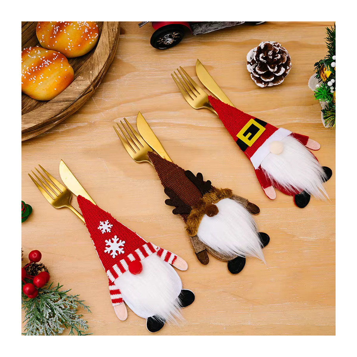 Weihnachts-Besteckhalter im Gnom-Design von joy-enlife, mehrfarbige Textil-Taschen für Messer und Gabel zur Tischdekoration - Bild 2