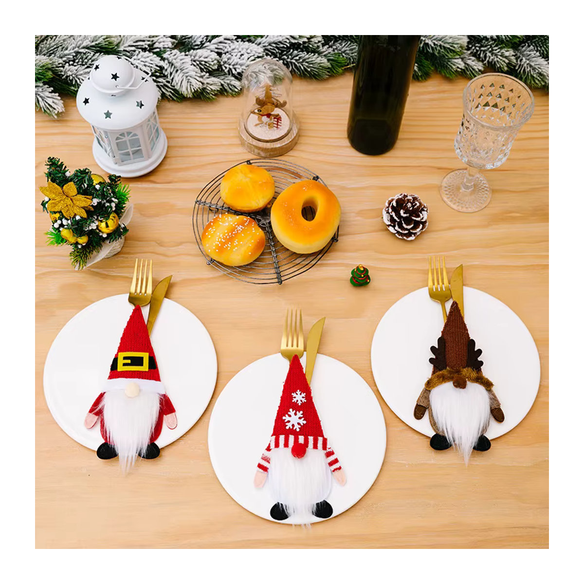 Weihnachts-Besteckhalter im Gnom-Design von joy-enlife, mehrfarbige Textil-Taschen für Messer und Gabel zur Tischdekoration - Bild 3