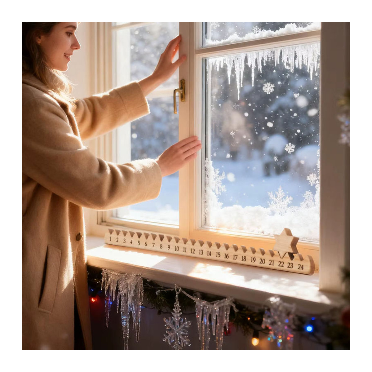 Weihnachts-Countdown-Kalender aus Holz für 24 Tage, Advent-Tischdekoration mit beweglichem Sternmarker, Braun - Bild 2