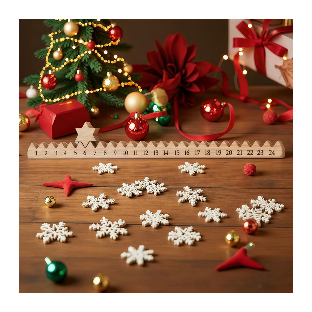 Weihnachts-Countdown-Kalender aus Holz für 24 Tage, Advent-Tischdekoration mit beweglichem Sternmarker, Braun - Bild 3
