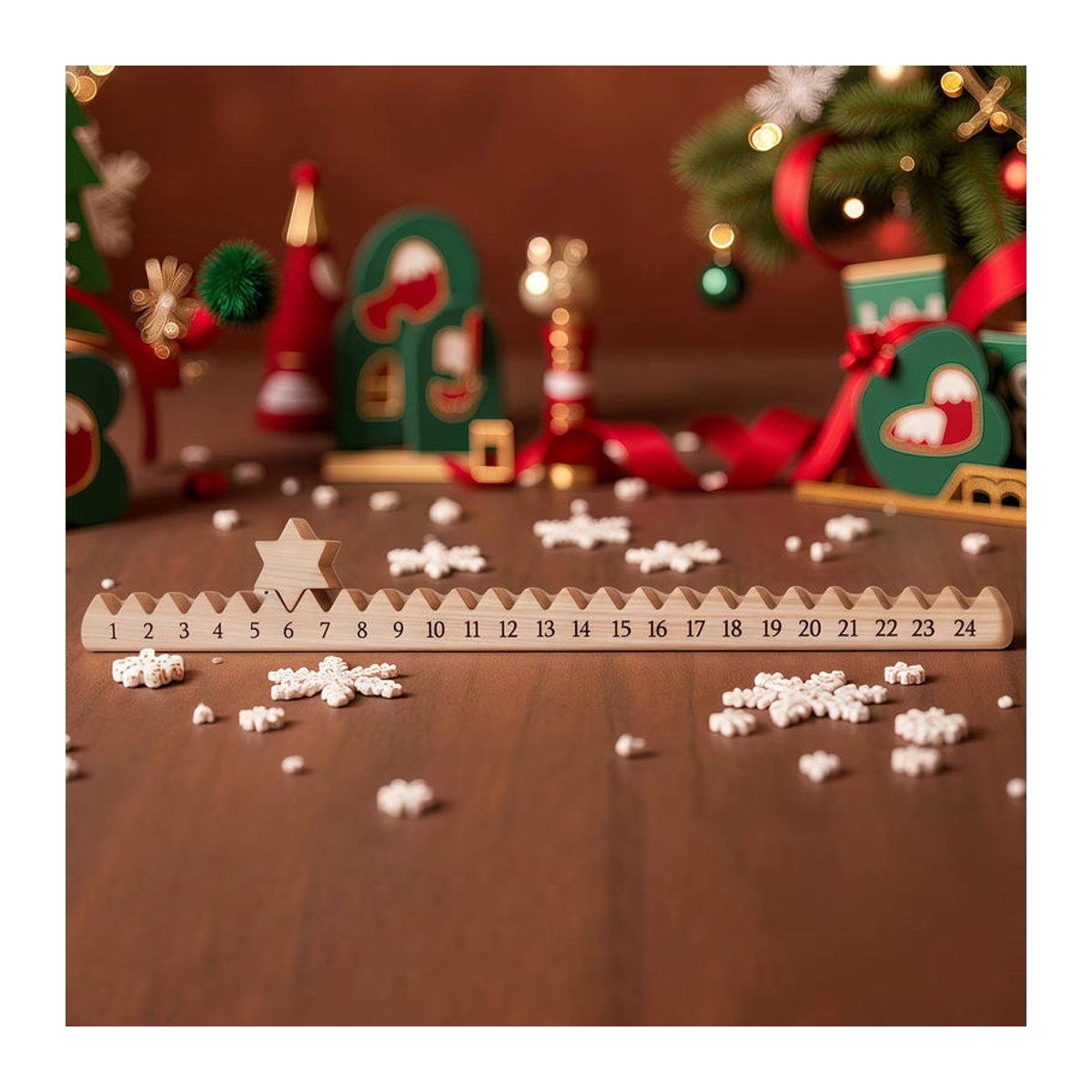 Weihnachts-Countdown-Kalender aus Holz für 24 Tage, Advent-Tischdekoration mit beweglichem Sternmarker, Braun - Bild 4