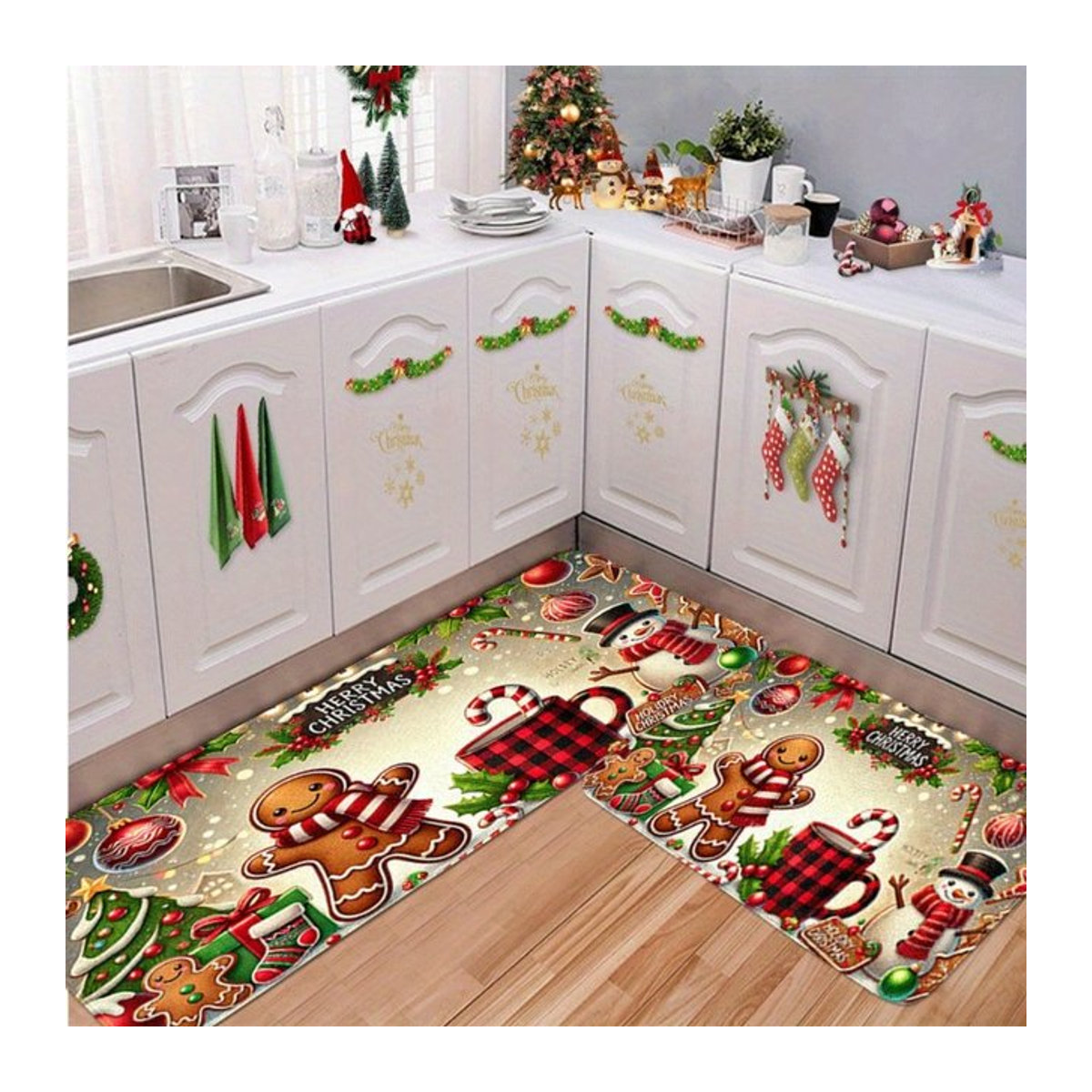 Weihnachts-Teppich mit Lebkuchenmann- und Schneemann-Design, mehrfarbig - Bild 1