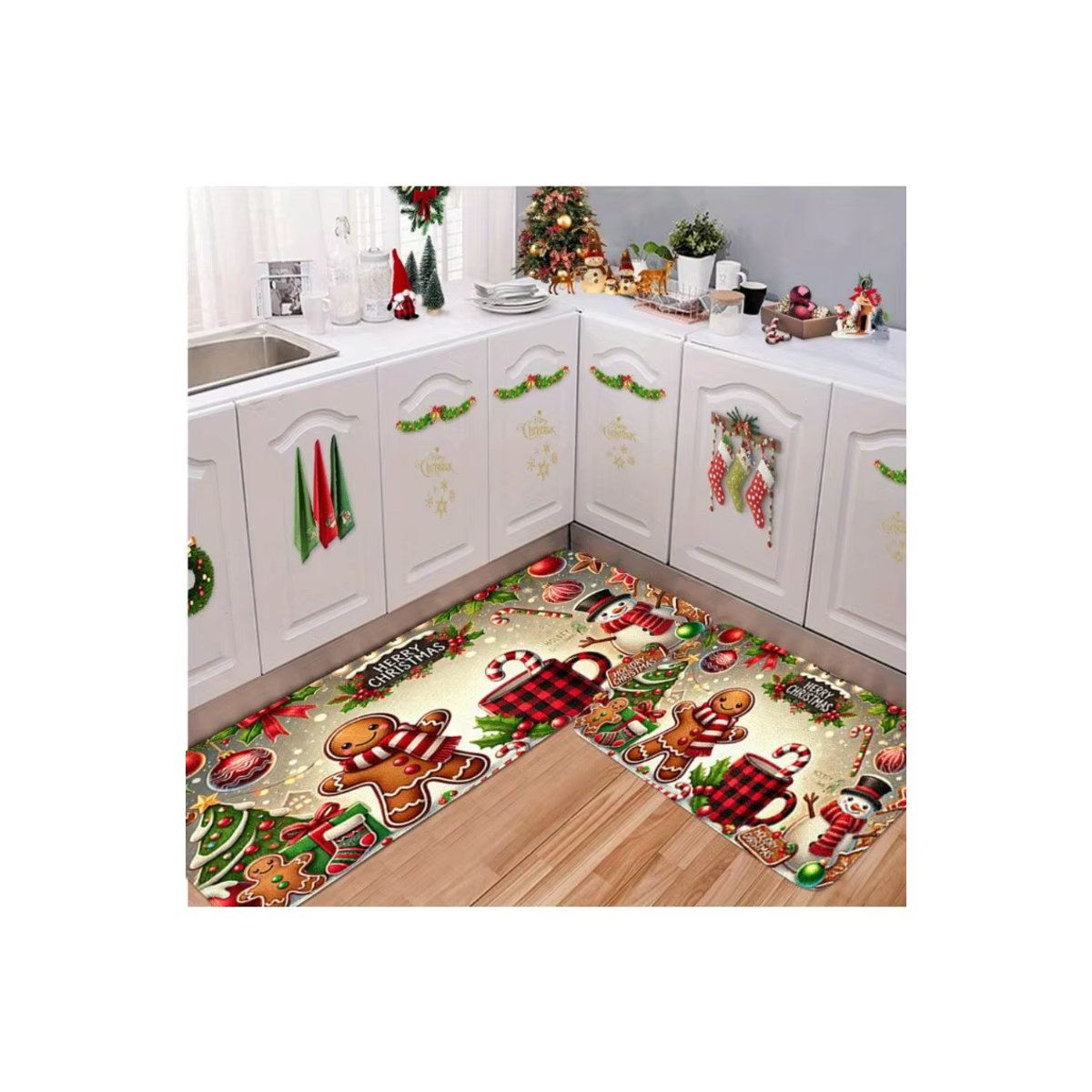 Weihnachts-Teppich mit Lebkuchenmann- und Schneemann-Design, mehrfarbig - Bild 2