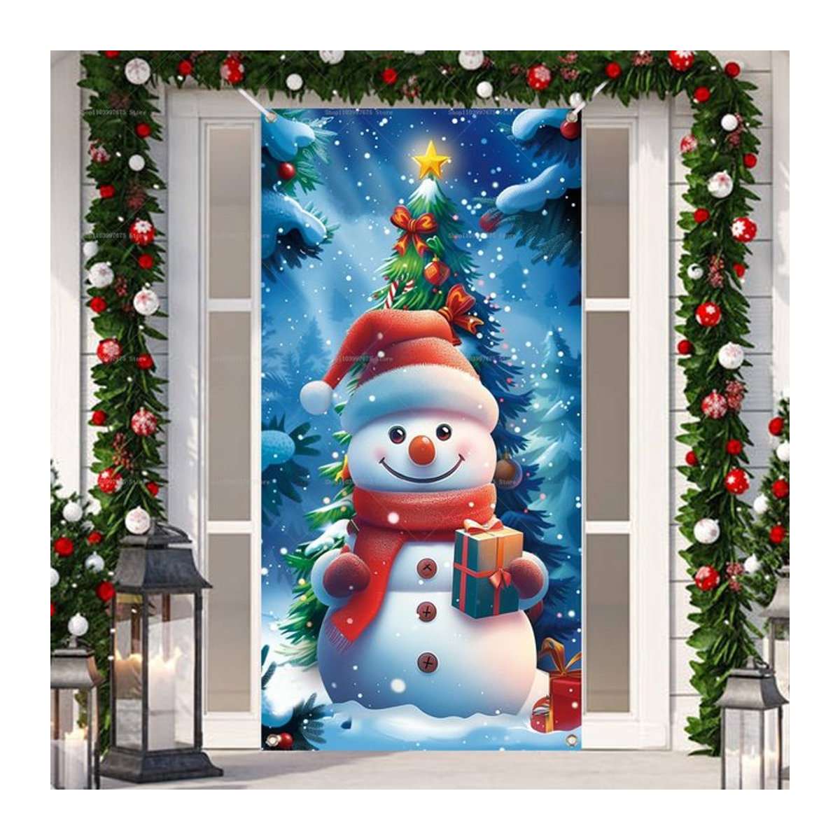 Weihnachts-Türbanner mit Schneemann Motiv als Party-Dekoration und Fotokulisse, mehrfarbig, Textil, B/H: 90 x 180 cm - Bild 1