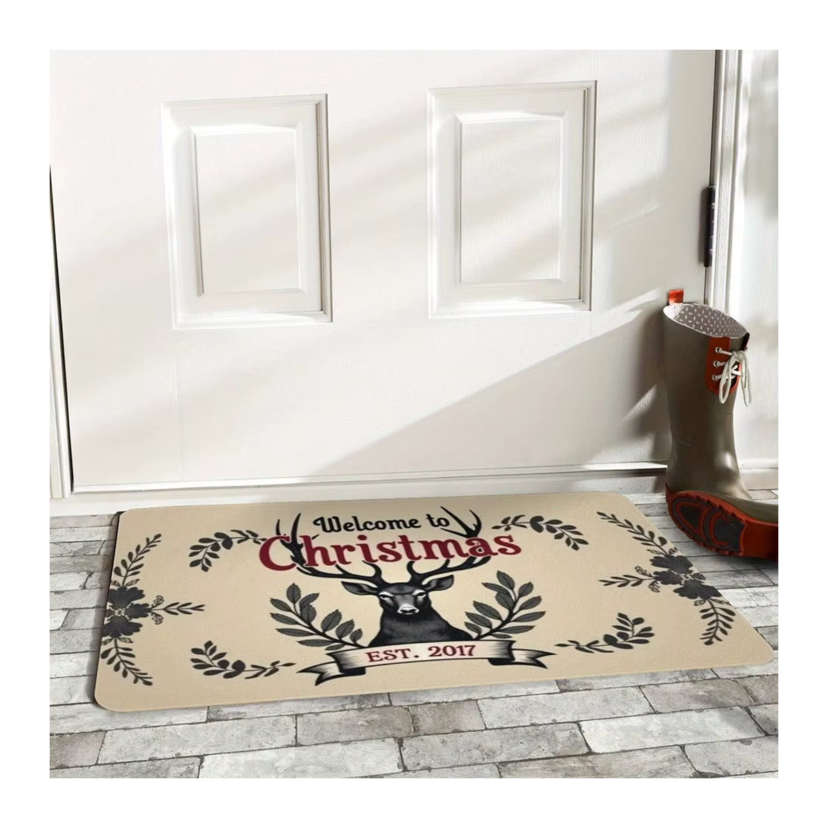 Weihnachts-Willkommensmatte mit kariertem Baum in Beige für innen und außen - Bild 1