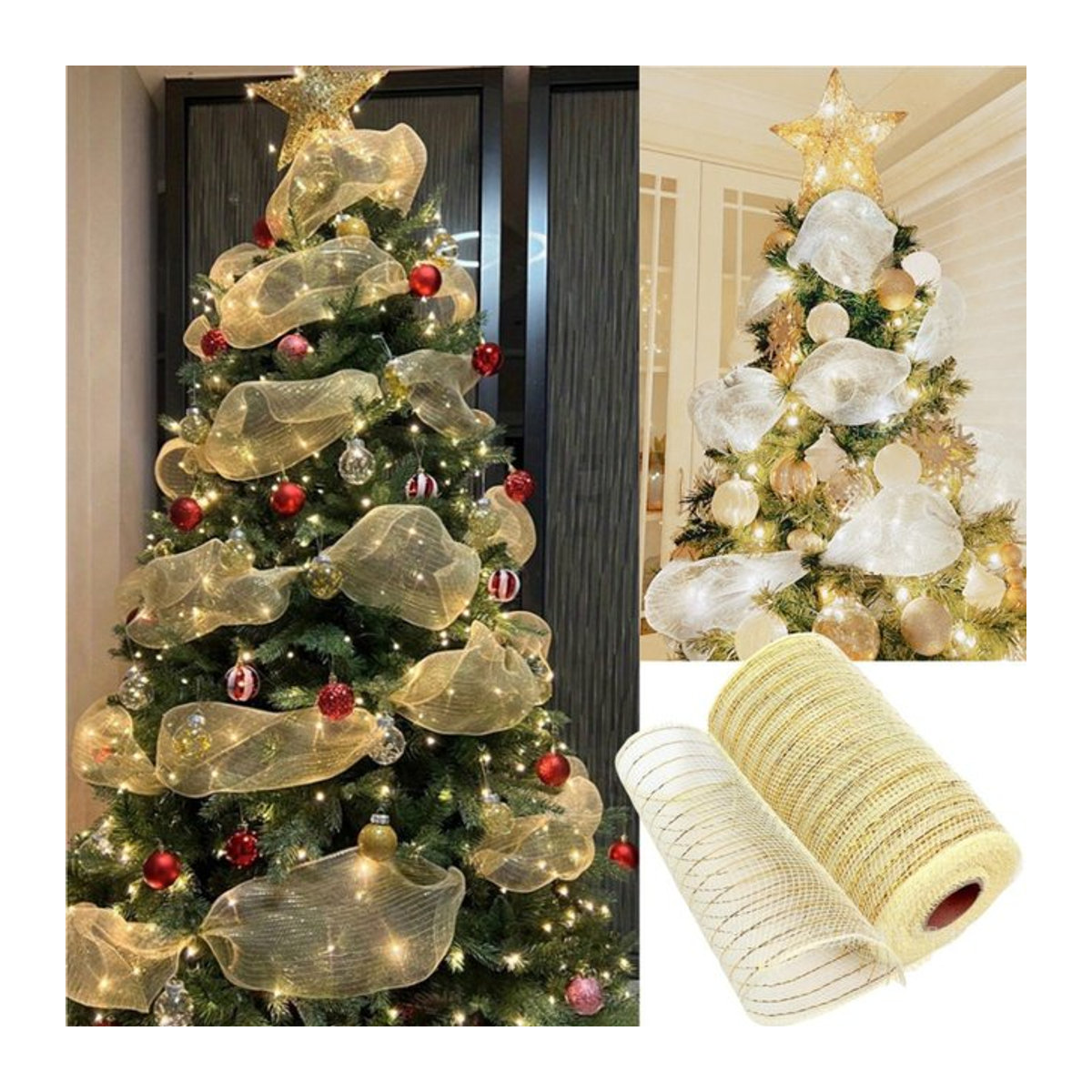 Weihnachtsband aus Tüll in Beige und Gold für deine Weihnachtsdekoration, 10 Yards Länge, Breite: 15 cm - Bild 1