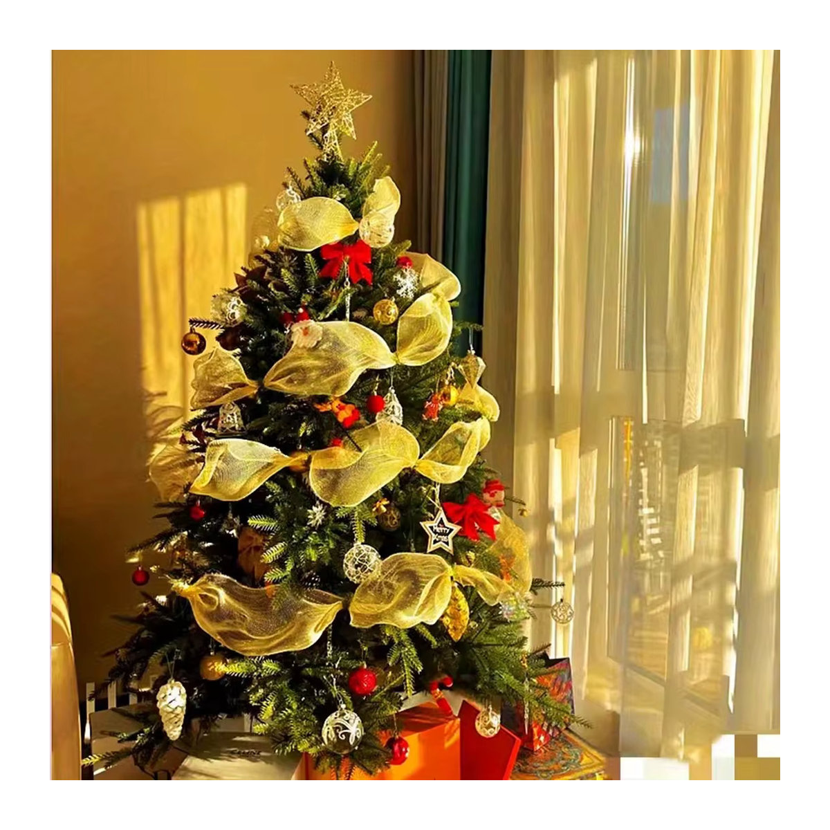 Weihnachtsband aus Tüll in Beige und Gold für deine Weihnachtsdekoration, 10 Yards Länge, Breite: 15 cm - Bild 3