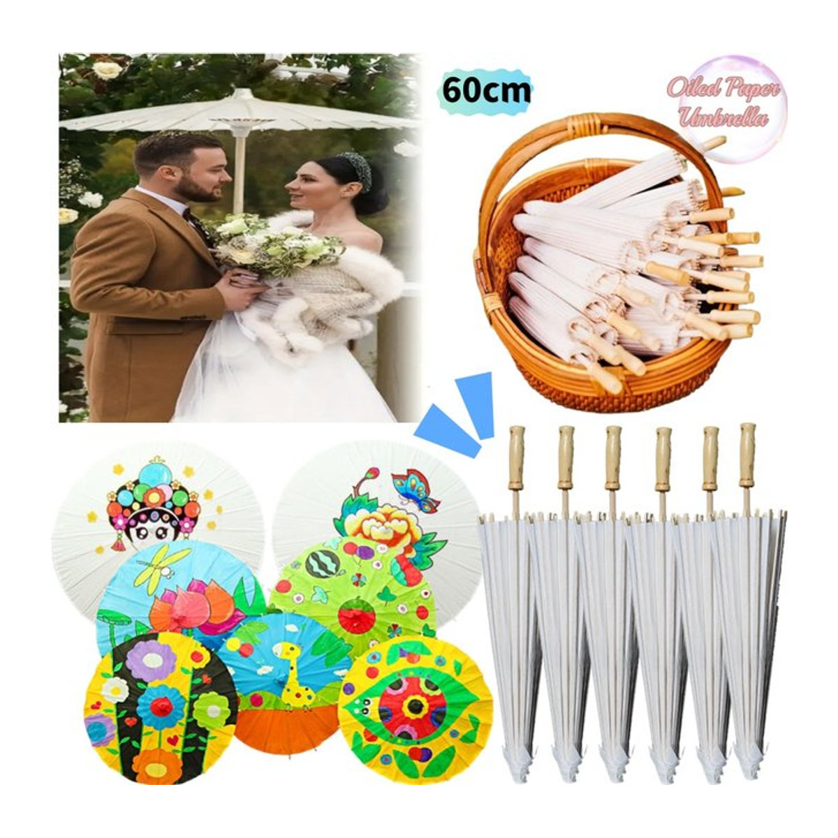 Weiße Papier-Sonnenschirme für Hochzeiten und Partys, Durchmesser: 60 cm - Bild 1
