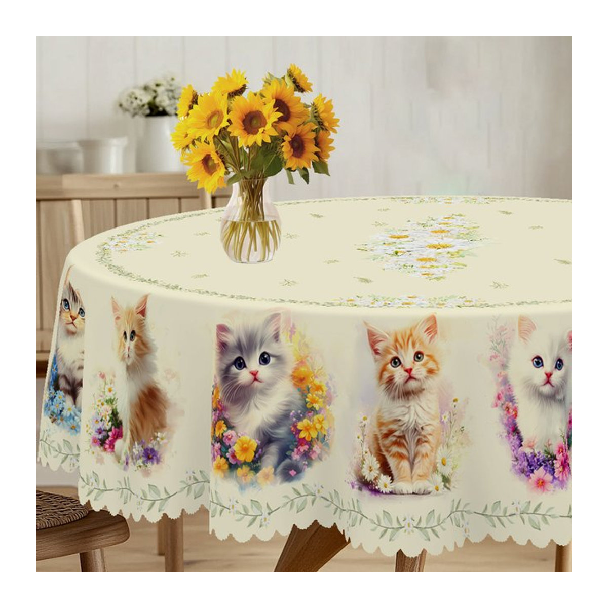 Weiße Tischdecke mit Katzen- und Gänseblümchen-Motiv aus Polyester inklusive 4 selbstklebender Dekorationselemente - Bild 1