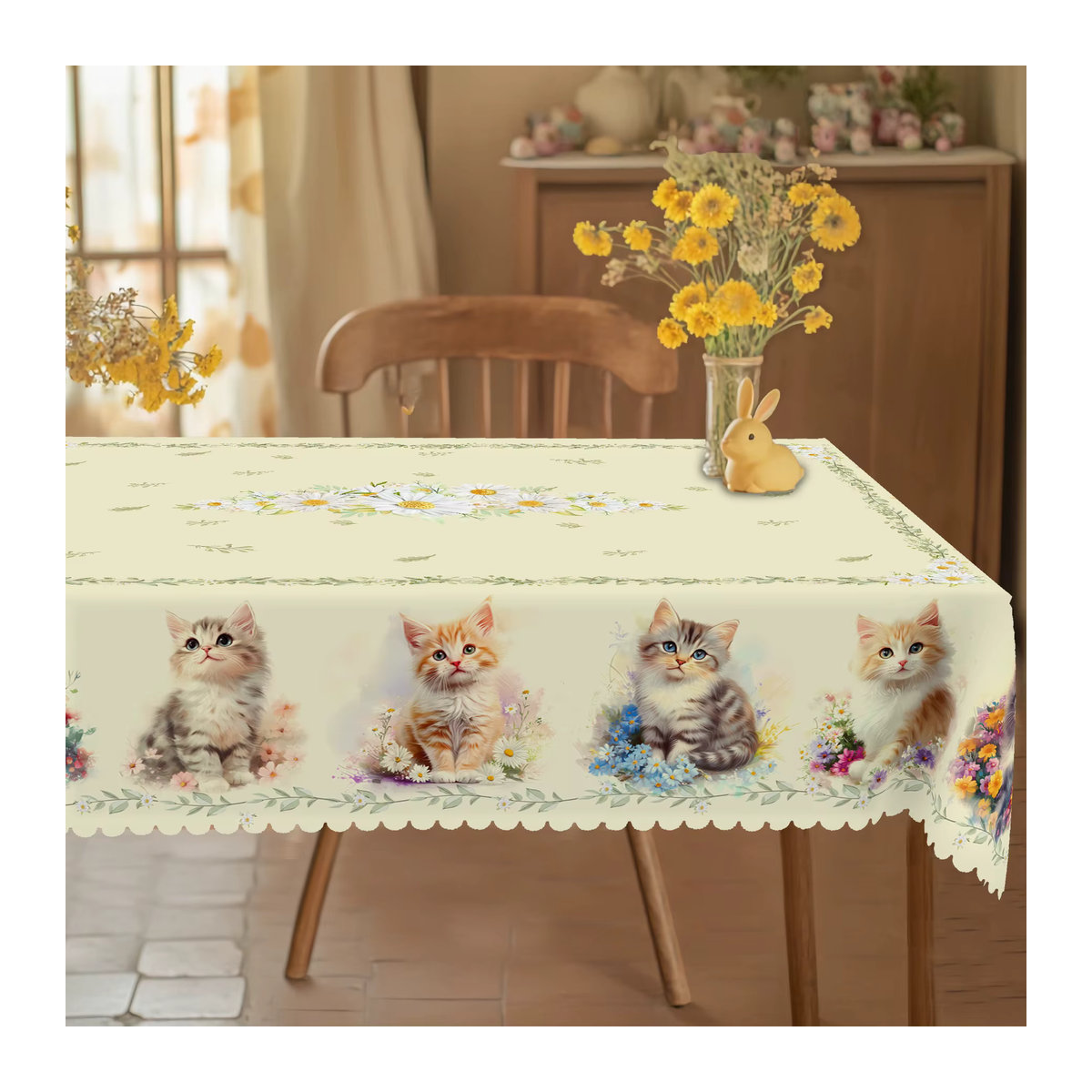Weiße Tischdecke mit Katzen- und Gänseblümchen-Motiv aus Polyester inklusive 4 selbstklebender Dekorationselemente - Bild 2