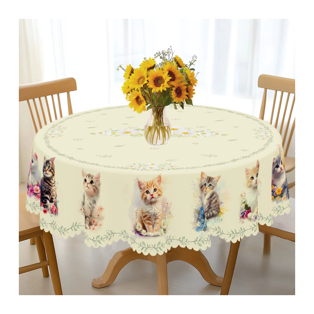 Weiße Tischdecke mit Katzen- und Gänseblümchen-Motiv aus Polyester inklusive 4 selbstklebender Dekorationselemente - Bild 3