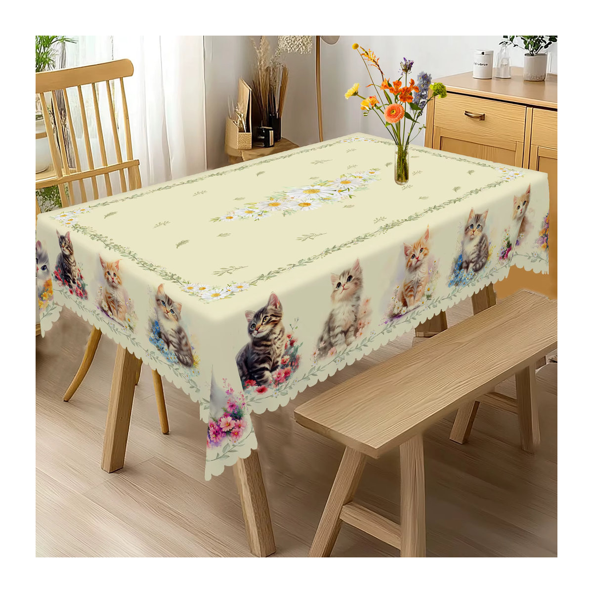 Weiße Tischdecke mit Katzen- und Gänseblümchen-Motiv aus Polyester inklusive 4 selbstklebender Dekorationselemente - Bild 4